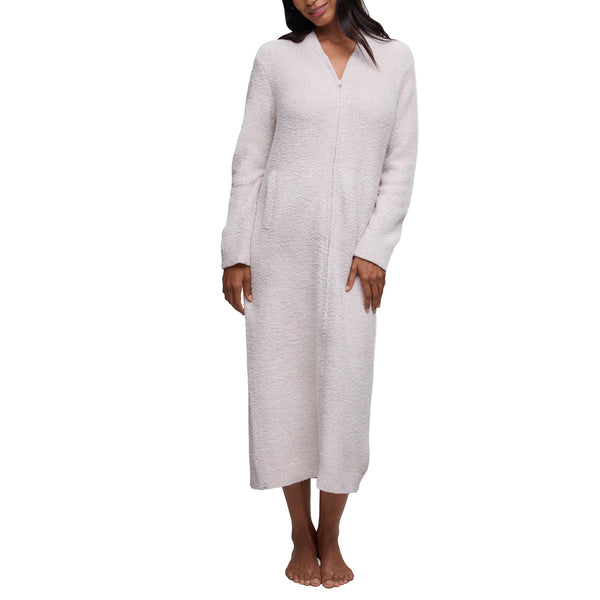 Model wearing the Full Zip V-Neck Lounger in Stone, front view