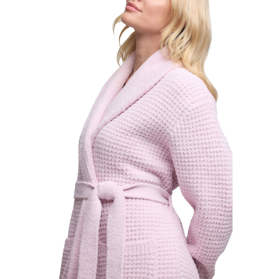 Close-up of the Waffle Robe collar and tie belt in Petal pink