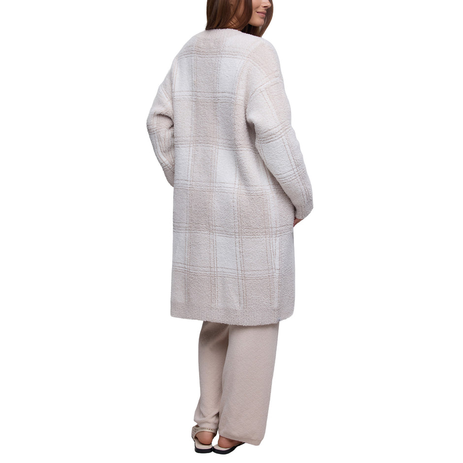 Back view of the long Buffalo Plaid Cardigan in Stone Multi