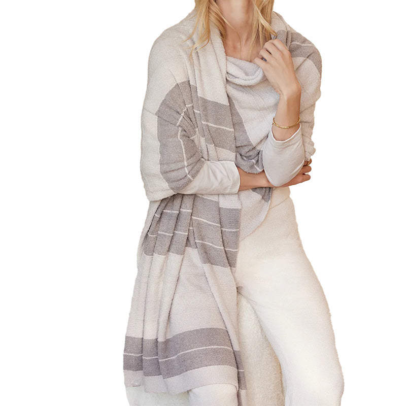 barefoot-dreams-cozychic-lite-pinched-stripe-blanket-scarf-styled-on-model