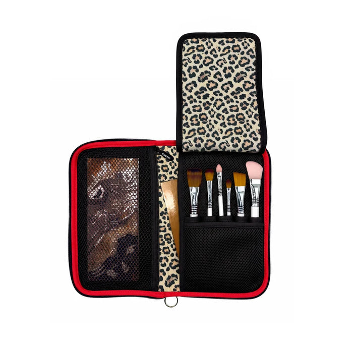 Black/Leopard, KUSSHI Beauty Organizer open and filled with brushes and makeup, leopard print interior with red trim