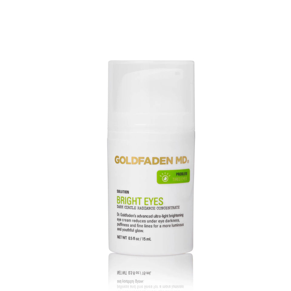 A bottle of Goldfaden MD Bright Eyes Dark Circle Radiance Concentrate on a white background.