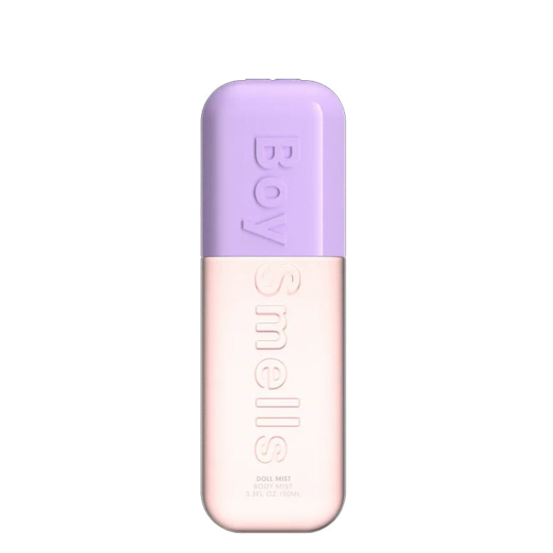 Perfume bottle with purple cap and pink body on a white background