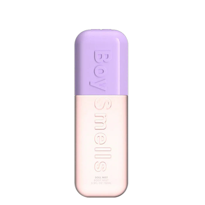 Perfume bottle with purple cap and pink body on a white background