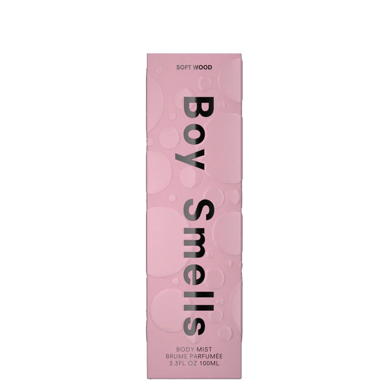 Pink packaging of 'Boy Smells' body mist on a white background