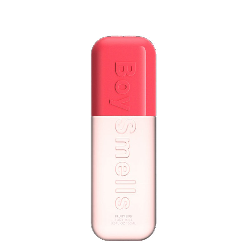 Pink and red bottle with 'Boy Smells' branding on a white background
