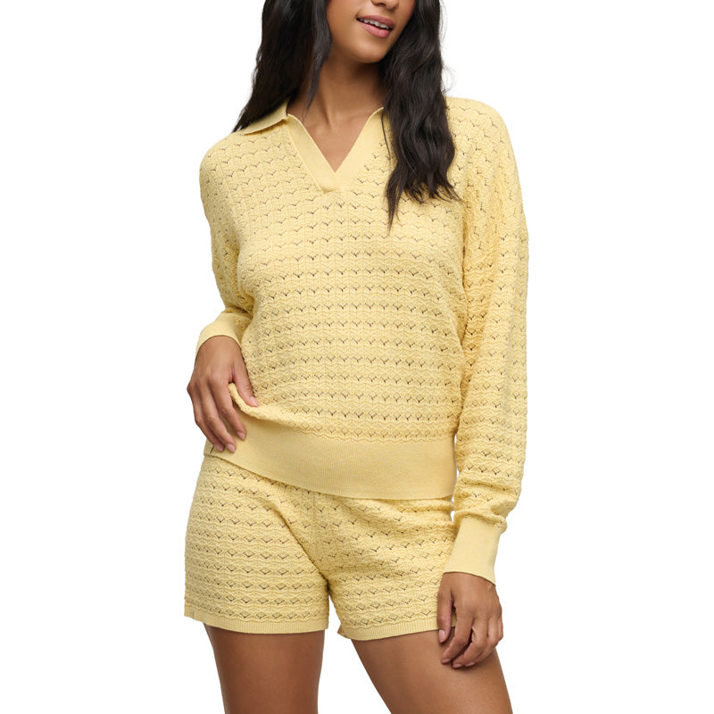 BAREFOOT DREAMS | Heathered Cotton Tulip Pointelle Collared Pullover - Canary