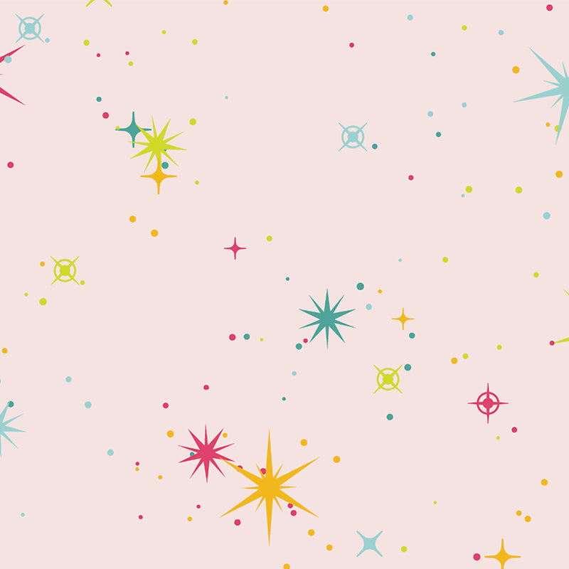colorful starbursts and dots on a pale pink background