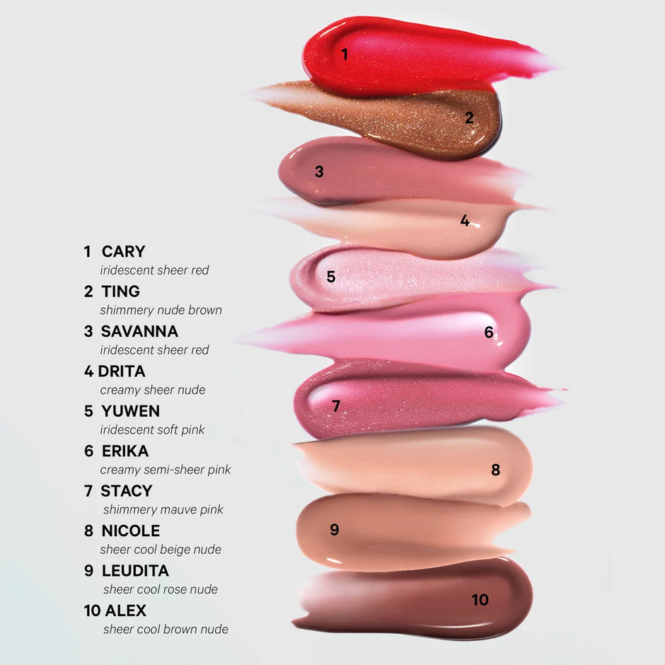 Ten Kevyn Aucoin Celestial Lip Gloss shade swatches labeled Cary, Ting, Savanna, Drita, Yuwen, Erika, Stacy, Nicole, Leudita, and Alex, ranging from iridescent red to sheer nude and mauve pink tones.