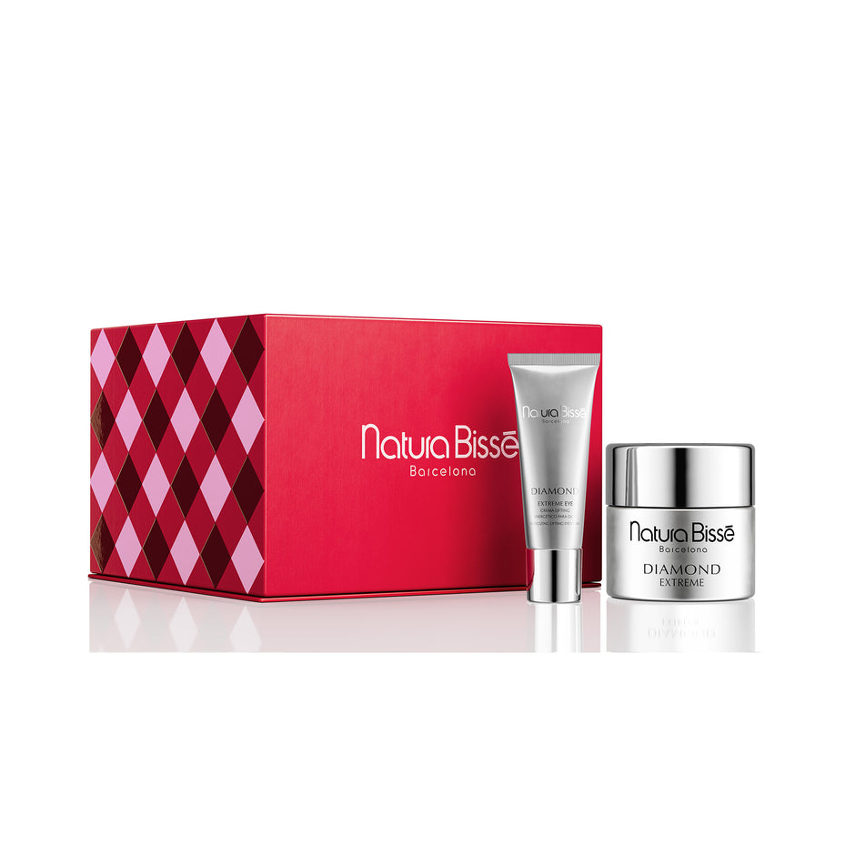 Red Natura Bisse holiday gift box with a Diamond Extreme moisturizer jar and Diamond Extreme Eye tube