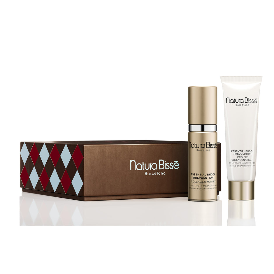 Brown Natura Bisse holiday gift box with an Essential Shock (R)Evolution Collagen Matrix bottle and Pro-Exo Collagen Cream tube