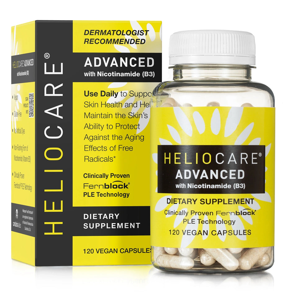Heliocare Advanced with Nicotinamide B3 120 vegan capsules bottle and box on white background