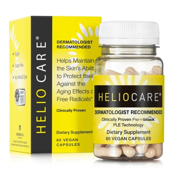 Heliocare 60 vegan capsules bottle and box on white background, Dermatologist Recommended