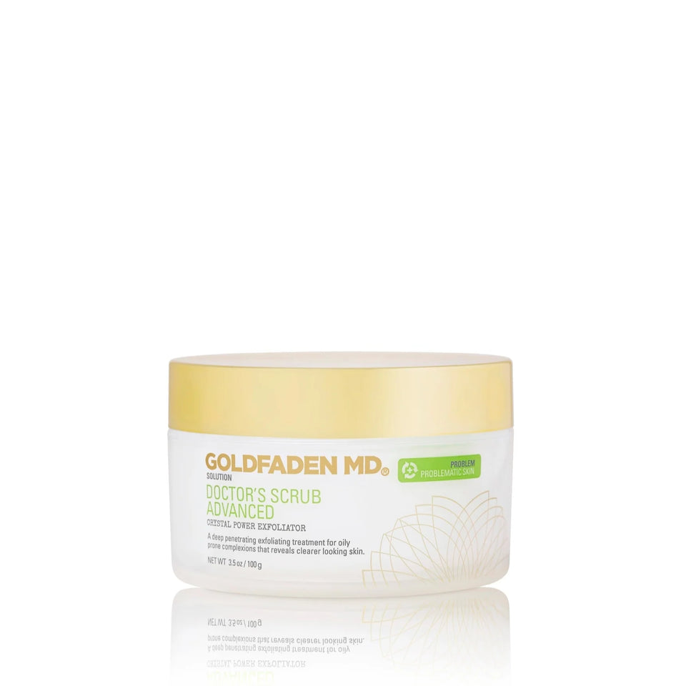 A jar of Goldfaden MD Doctor's Scrub Advanced Crystal Power Exfoliator with a gold lid, on a white background.