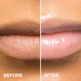 Before and after close-up of lips: dry, textured lips before and smooth, glossy lips after using Dream Slip