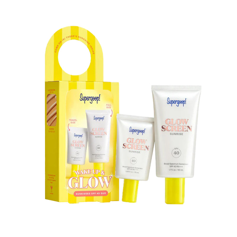 Supergoop! skincare set with yellow packaging and bottles on a white background