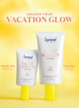 Two Supergoop sunscreen products on a yellow background with text 'Unlock Your Vacation Glow'.