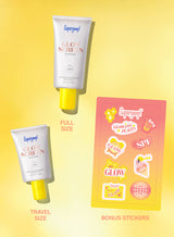 Supergoop! sunscreen with travel and full size options and bonus stickers on a yellow background