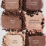 Westman Atelier Toujours Fête eyeshadow texture swatches in Cashmere, Caviar, Beige, Buck’s Fizz, Tusk and Mocha