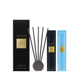 Glashouse Scent Scene Arabian Nights & The Hamptons diffuser set, featuring a black outer box, a black reed diffuser base with five dark reeds, a dark blue Arabian Nights pouch, and a light blue The Hamptons pouch, all with gold labels on a white background.