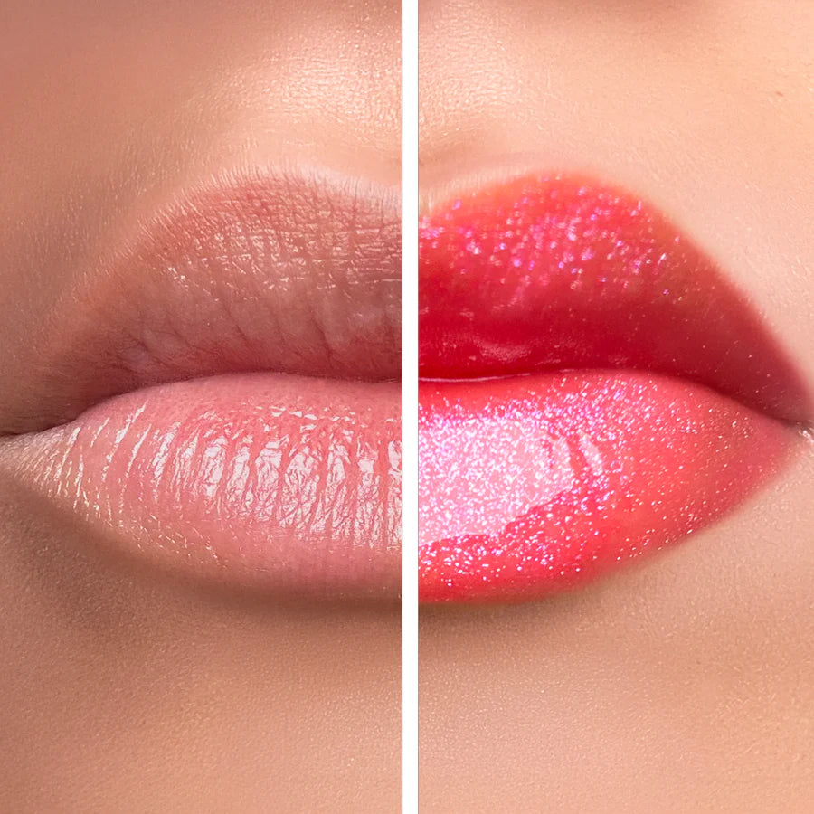 BY TERRY Baume de Rose Glow Gloss Fizzy Fire before and after