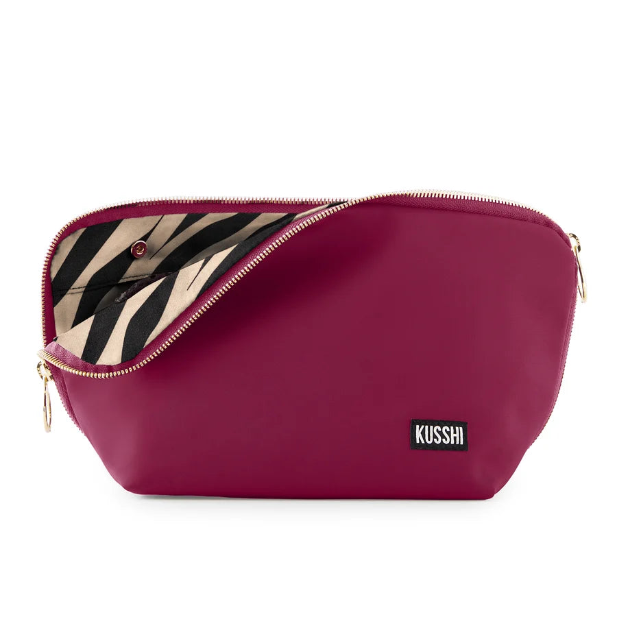 Wine/Zebra, KUSSHI Everyday Makeup Bag in wine fabric with zebra print interior, zipper opened at the front