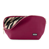 KUSSHI | Vacationer Makeup Bag — Wine/Zebra, KUSSHI Everyday Makeup Bag in wine fabric with zebra print interior, zipper opened at the front