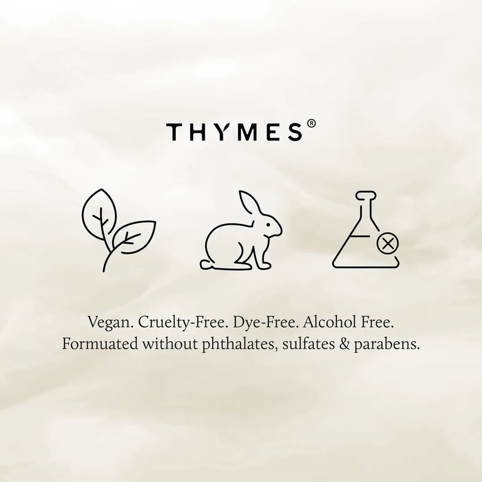A clean product information graphic for Thymes, showing the brand name centered above simple line drawings of leaves, a rabbit, and a flask with an X, plus text stating vegan, cruelty-free, dye-free, alcohol free, and formulated without phthalates, sulfates & parabens on a soft off-white background.