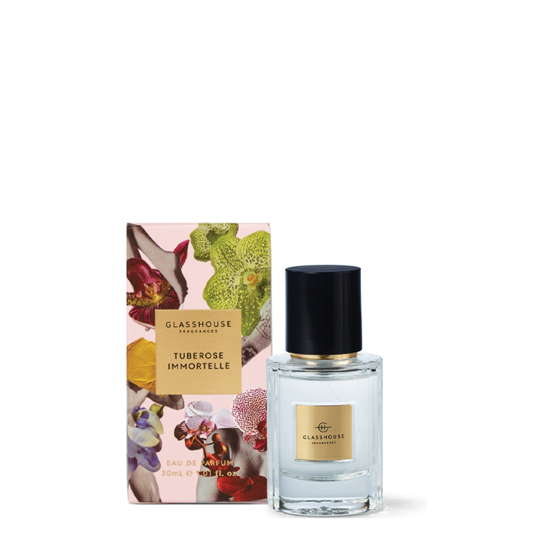 Glasshouse Tuberose Immortelle perfume bottle and packaging on a white background