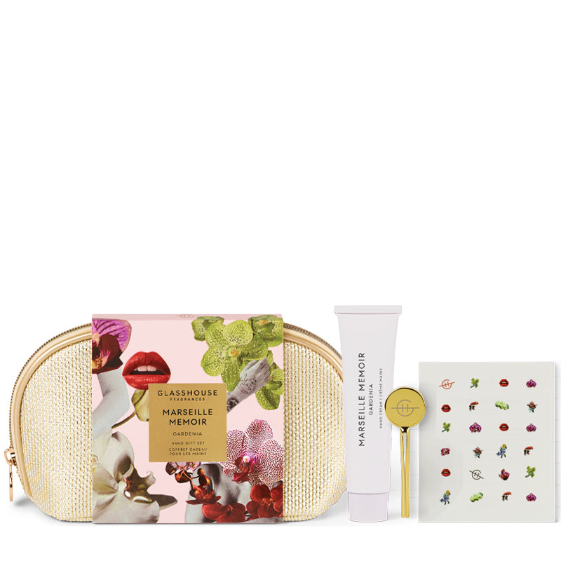Cosmetic set with a pouch, tube, and card on a white background