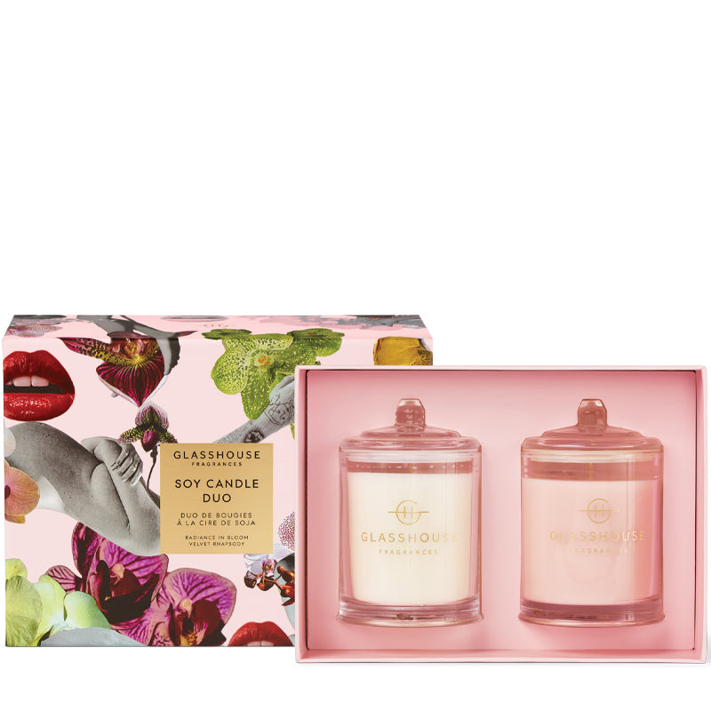 Glasshouse Soy Candle Duo set with floral and artistic design packaging on a white background