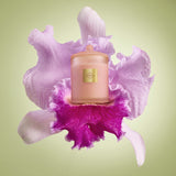 Pink candle with gold lid on a large pink flower against a light green background