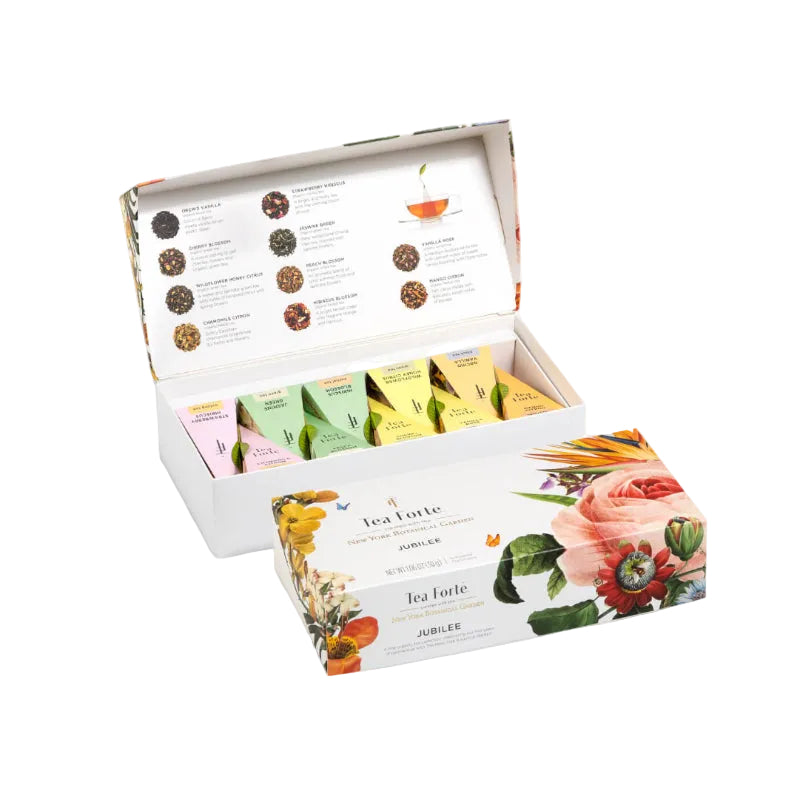Jubilee Petite Presentation Box of 10 pyramid teas, lid open and closed