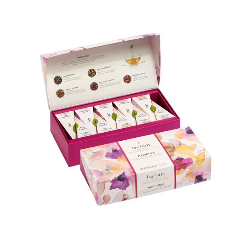 Mariposa Petite Presentation Box of 10 pyramid tea infusers, open and closed boxes