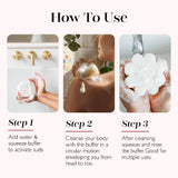 How to use a Spongellé body wash infused buffer: add water and squeeze to activate suds, cleanse the body in circular motions, then rinse and squeeze out