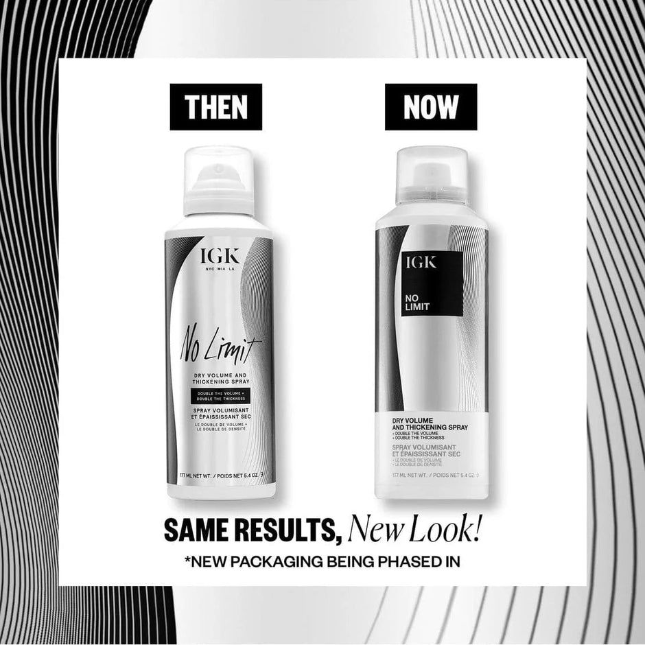 IGK No Limit Dry Volume Moisturizing Spray before and after comparison, showing the old silver-and-black packaging labeled 'THEN' and the new silver-and-white packaging labeled 'NOW' with the text 'SAME RESULTS, New Look!'.