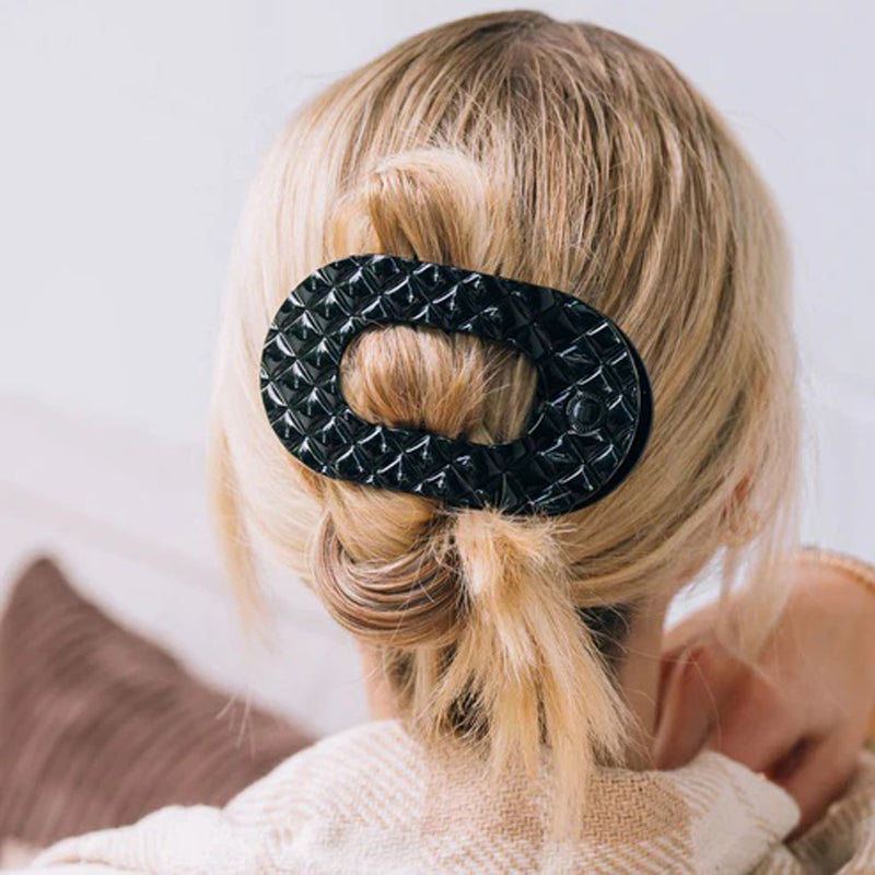 TELETIES | Jet Black Quilted Small Flat Round Hair Clip