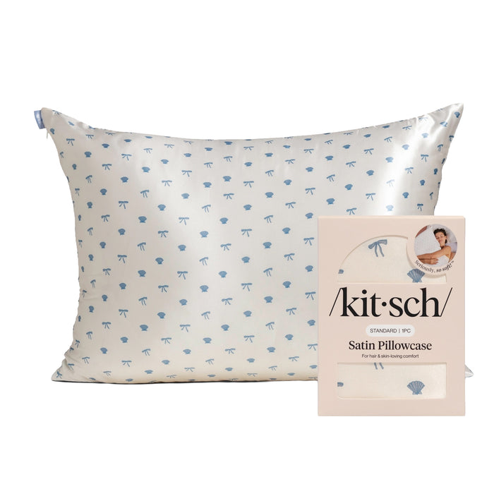 KITSCH | Standard Satin Pillowcase - Pearlized Cream & Coastal Blue Print