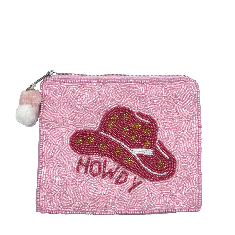 Pink beaded pouch with a red cowboy hat and 'HOWDY' text on a white background