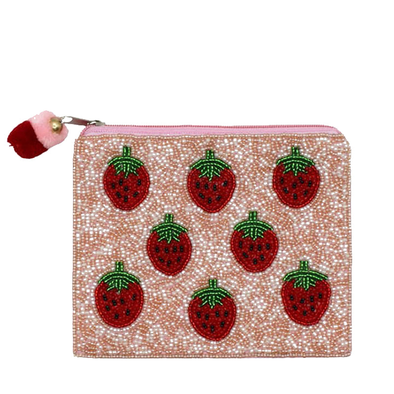 Pouch with strawberry pattern and pink zipper on a white background