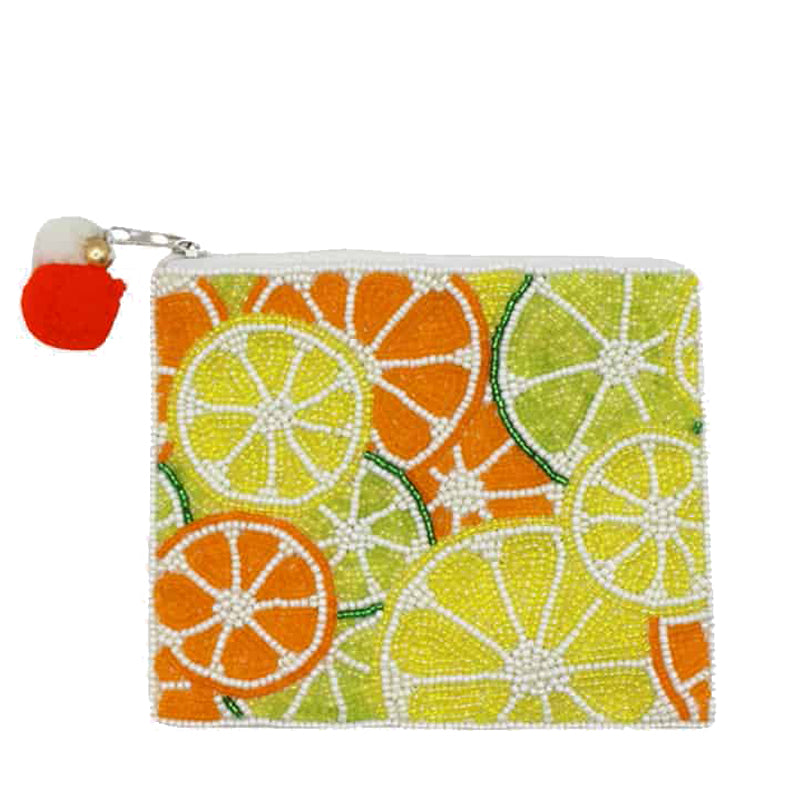 Pouch with citrus fruit pattern on a white background