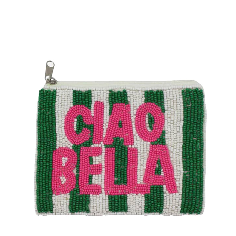 Beaded pouch with 'CIAO BELLA' text on a white background