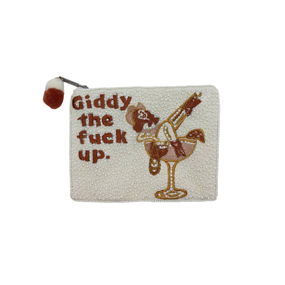White beaded coin pouch with girl on martini glass and "Giddy the F*ck Up" embroidery