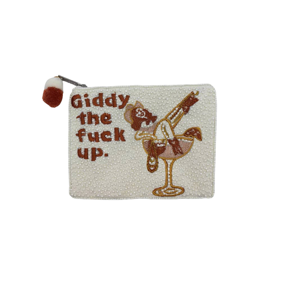White beaded coin pouch with girl on martini glass and "Giddy the F*ck Up" embroidery