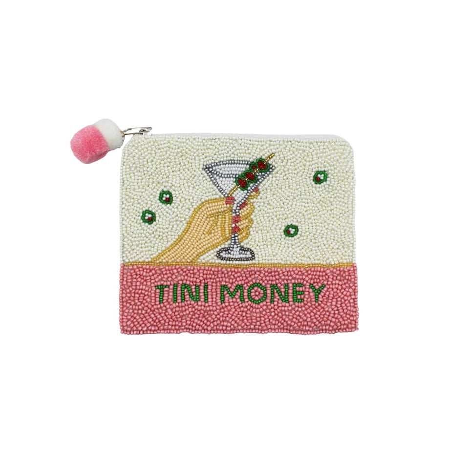 Beaded coin pouch with martini glass design and pom-pom zipper pull