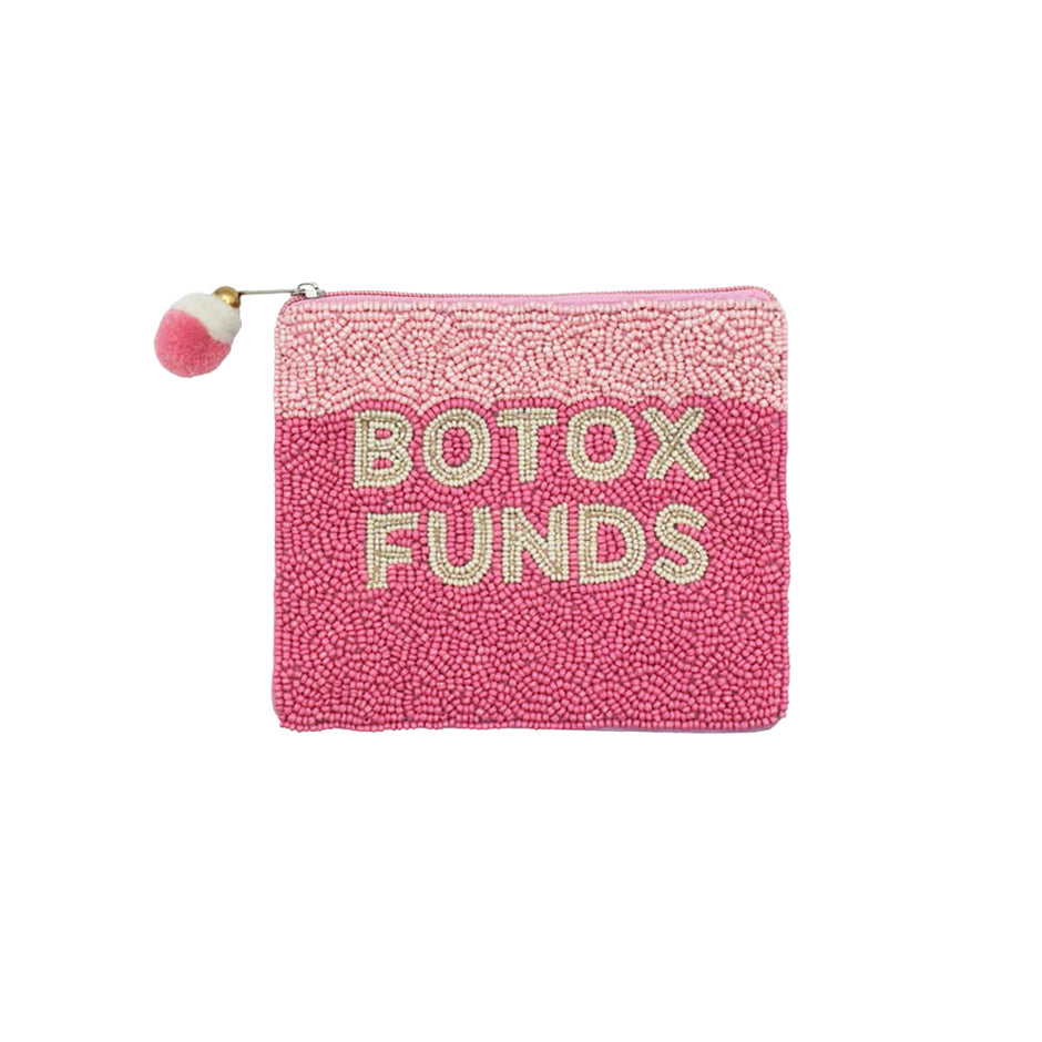 Pink beaded coin pouch with "Botox Funds" lettering and pom-pom zipper pull