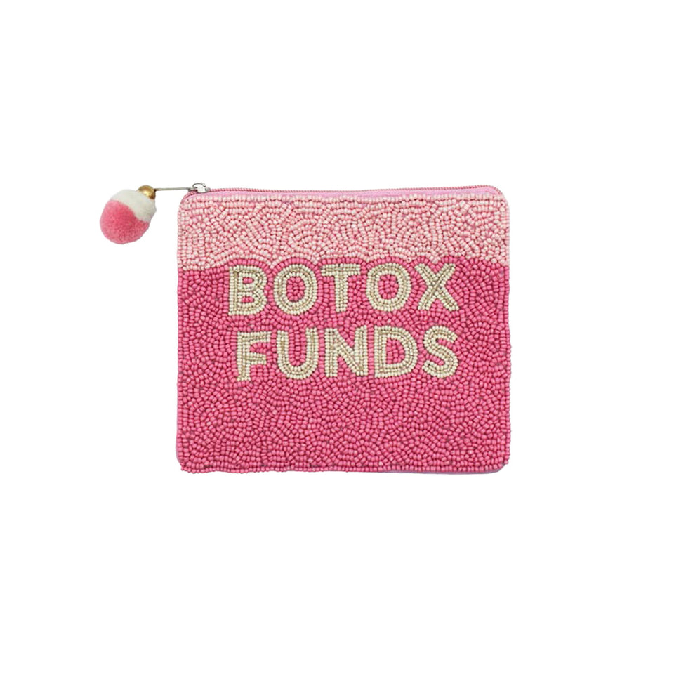 Pink beaded coin pouch with "Botox Funds" lettering and pom-pom zipper pull