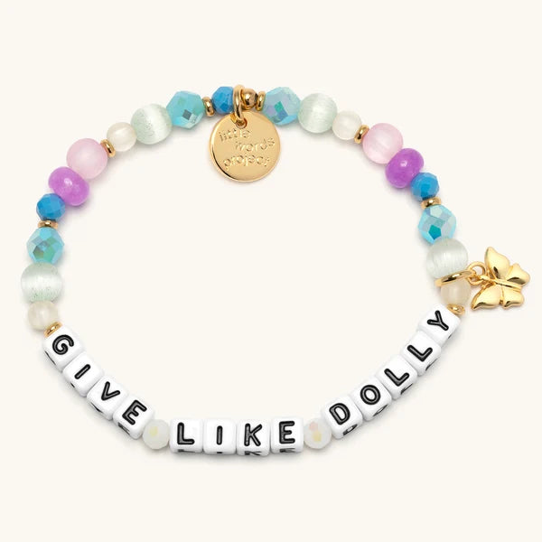 Give Like Dolly bracelet with blue, purple and white beads and a gold butterfly charm, Dolly Parton's Imagination Library