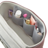 KUSSHI | Neoprene Train Case - Large — mauve/stone, Gray mesh organizer inside a  train case with various items.