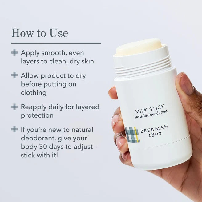 Beeckman 1802 Milk Stick deodorant with usage instructions on a light gray background
